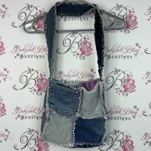 Bag Patchwork Jean distressed argyle interior purple blue Denim Shoulder Bag